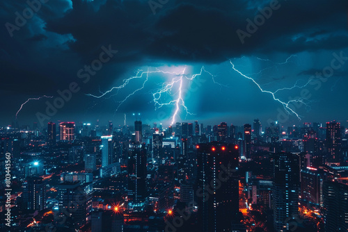 A striking shot of lightning illuminating the cityscape at night, showcasing the energy of a storm.