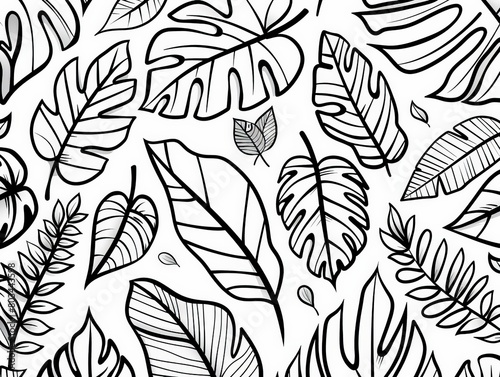 Monochrome Drawing of Tropical Leaves