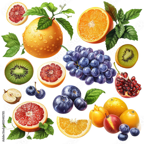 A collection of fruits and vegetables including oranges  grapes  kiwis