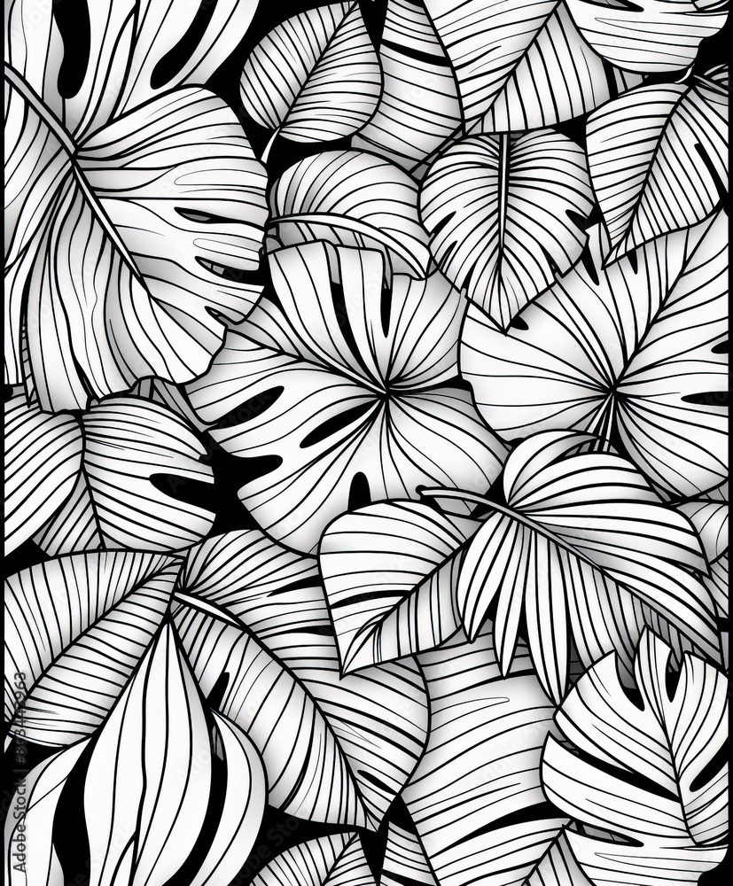 Monochrome Drawing of Tropical Leaves