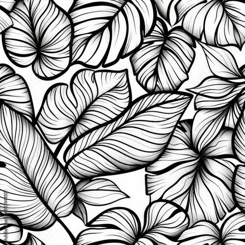 Tropical Leaves Sketch in Black and White