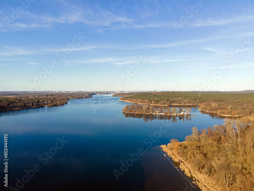 Aerial landscape of river and Grunewald forest on a sunny spring day in Berlin