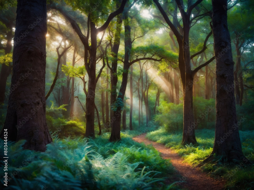 Journey through an enchanted grove, where the trees are ancient and the foliage lush, evoking the charm and mystique of a fairytale world Journey through an enchanted grove, where the trees are ancient and the foliage lush, evoking the charm and mystique of a fairytale world