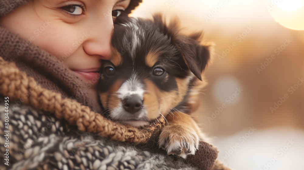 A person cuddling a playful puppy, faces beaming with delight and affection, radiating joy and happiness as the bond between human and animal brings warmth and companionship. A person cuddling a playful puppy, faces beaming with delight and affection, radiating joy and happiness as the bond between human and animal brings warmth and companionship.
