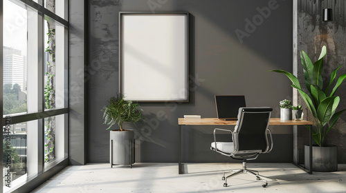 a mockup showcasing a poster frame hanging on a wall in a modern office setting