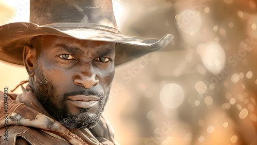 African American cowboy in vintage attire with a rugged look in the Old West. Concept Western, Vintage Fashion, African American Cowboy, Old West, Rugged Look photo