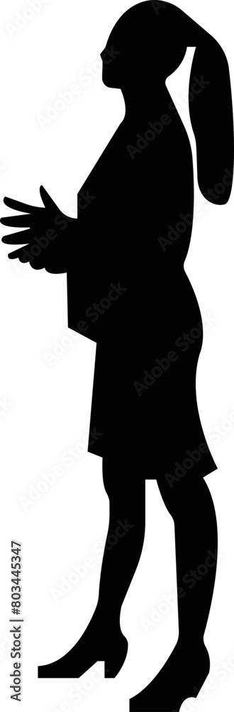 Silhouettes of female standing for working, filled icon business employee black vector flat. The concept of office woman worker director and subordinates isolated on transparent background.