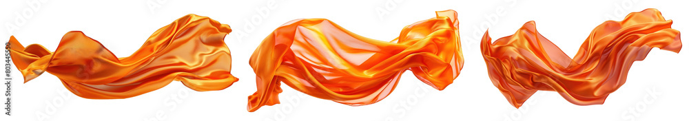 Fototapeta premium Orange long silk or satin fabric floating in the air, transparent or isolated on white background