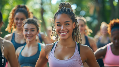 A group of people participating in a fitness class like Zumba or boot camp  led by an enthusiastic instructor  showcasing camaraderie and motivation as they move together towards fitness goals.