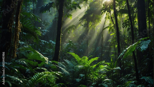 Mysterious depths of a dark rainforest  where sun rays pierce through the dense canopy  illuminating lush jungle greenery in an atmospheric fantasy forest.