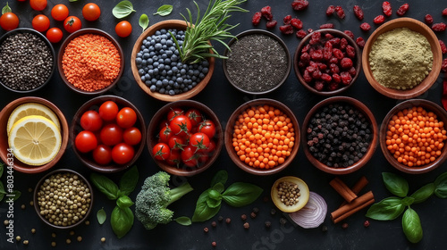 Healthy food clean eating selection. fruit, vegetable, seeds, superfood, cereals, leaf vegetable. veggie or vegan food