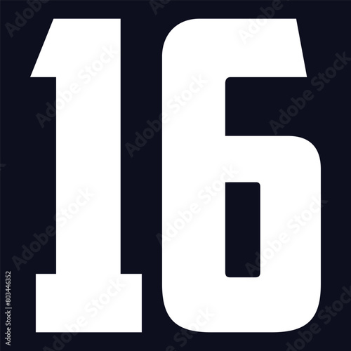 16 Classic Vintage Sport Jersey / Uniform numbers in black with a black outside contour line number on white background for American football, Baseball and Basketball or soccer for shirt