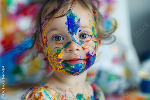 adorable little kid covered in colorful paint messy art project creative childhood activity