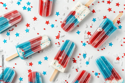Flat lay of the icy popsicles with red, white and blue stripes like an American flag.