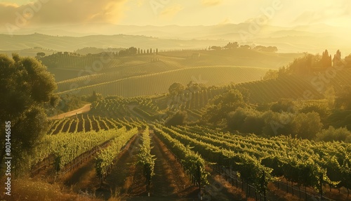 rolling hills of Tuscany at sunrise with vineyards in the foreground