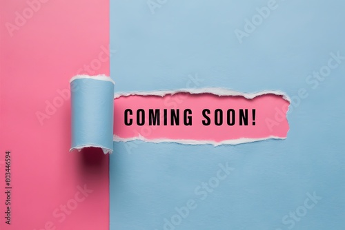 Torn light blue paper with bold COMING SOON on pink background, dynamic edge