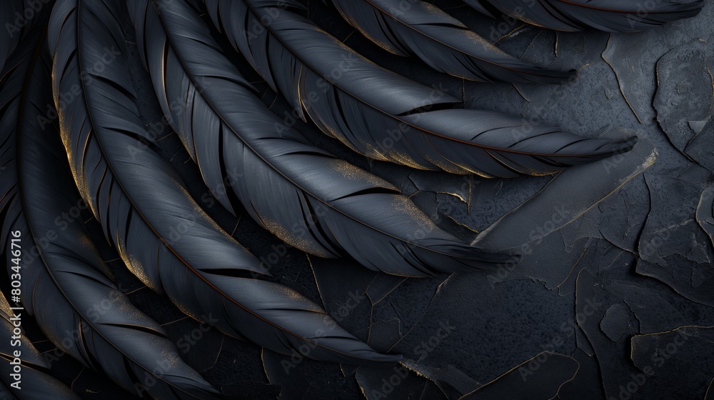 Black Feathers with Gold Accents, Elegant Pattern, Dark Background, Images of Sparkling Gold Feathers on Black Background