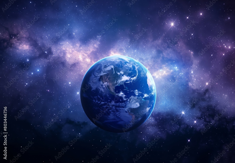 Wide shot of the blue planet Earth with a space background, a blue galaxy and stars in the dark sky. Wide shot of the blue planet Earth with a space background, a blue galaxy and stars in the dark sky.