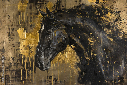 A stunning home decoration showcasing a modern artwork of a horse, rendered with dramatic gold and black brushstrokes. © Faisu