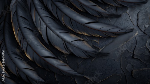 Black Feathers with Gold Accents, Elegant Pattern, Dark Background, Images of Sparkling Gold Feathers on Black Background