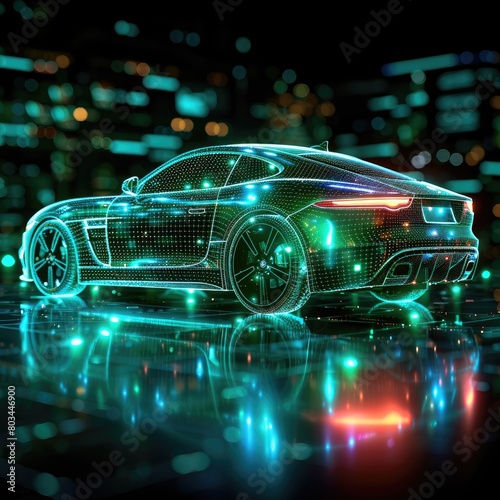 Neon green moving car. Bio fuel in tech futuristic style. Alternative clean energy for electric car with light effect. vehicle in neon style on a green background. © Irina Mikhailichenko
