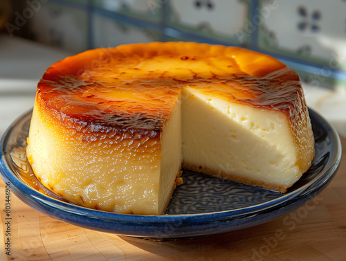 Flan vanille entremet délicieusement nappé de caramel sucré sur une assiette en céramique photo