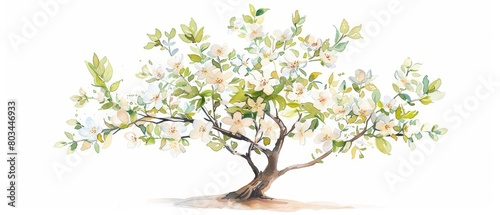 A watercolor painting of a single tree in full bloom against a white background. The tree has a gnarled trunk and delicate branches covered in delicate white blossoms.