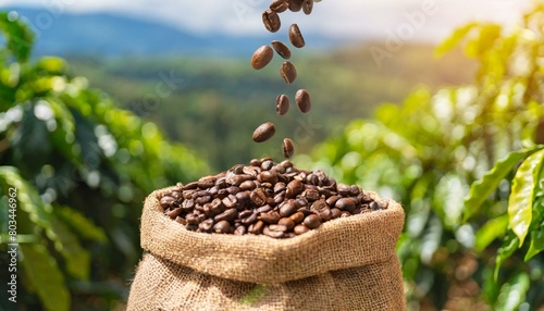 saca de café com grãos caindo em frente a lavoura, agrícola photo