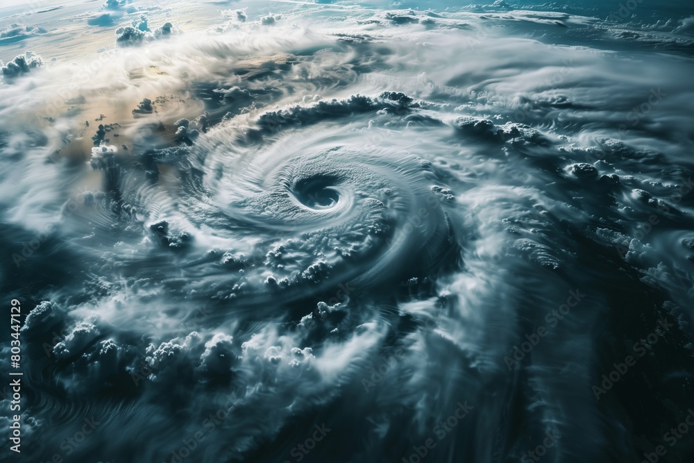 Satellite View of Powerful Hurricane, Swirling Clouds and Chaos in Ocean, Focus on Stormy Scene with Large Eye