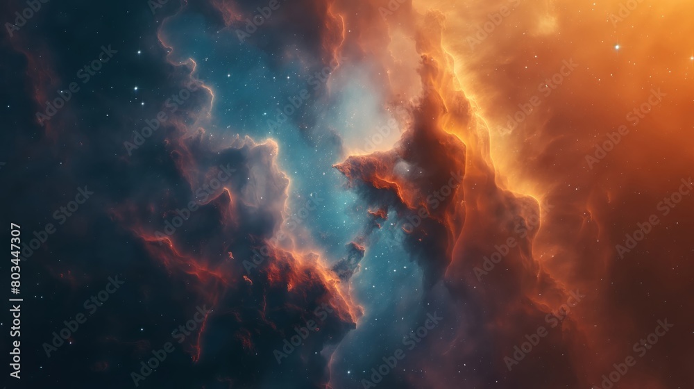 Nebula in Deep Space with Stars, Galaxies, Smoke Texture, Orange Blue Gradient Colors