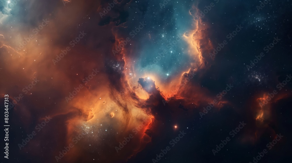 Nebula in Deep Space with Stars and Galaxies, Smoke Texture, Orange Blue Gradient Colors