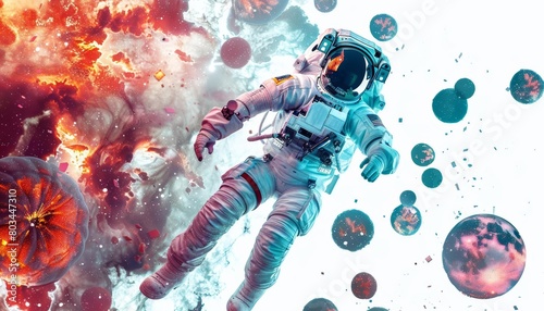 An astronaut in a spacesuit floats in the debris of a destroyed planet. The astronaut is surrounded by colorful clouds of gas and dust.