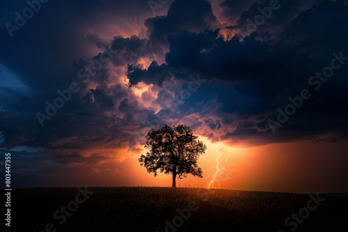 A stunning photograph of a lightning strike illuminating the silhouette of a lone tree during a stormy night.