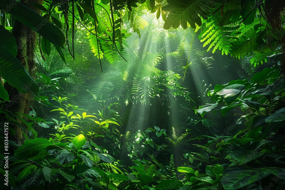 Obraz premium A dense green forest with rays of sunlight piercing through the foliage.