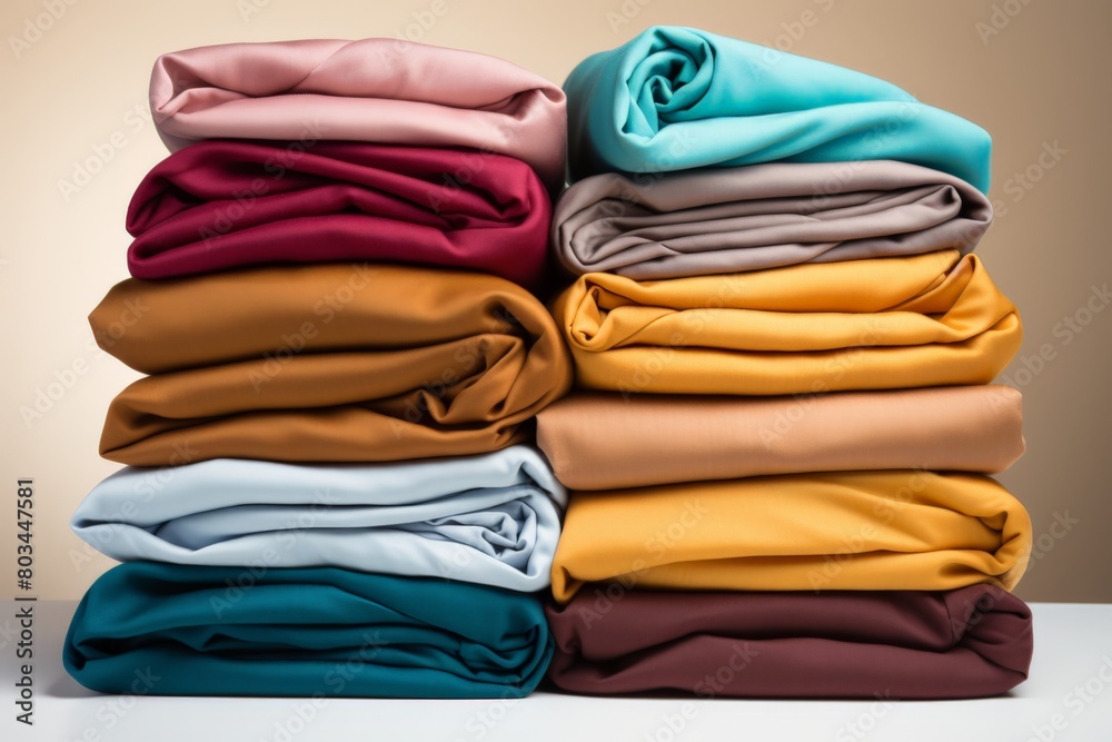 Colorful fabric rolls arranged in a neat stack