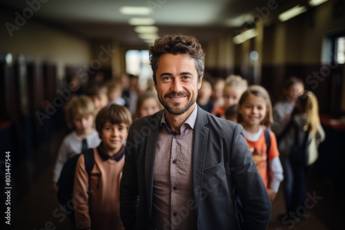Smiling male teacher with students in school corridor