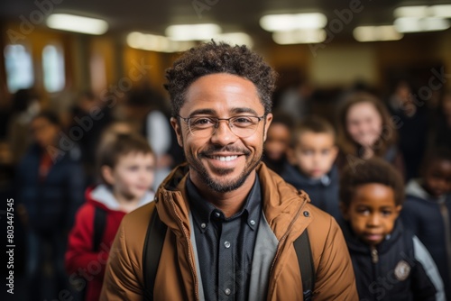 Smiling teacher with diverse group of students in school