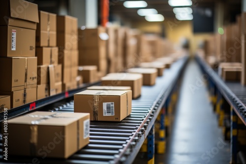 Packages and boxes on a conveyor belt in warehouse