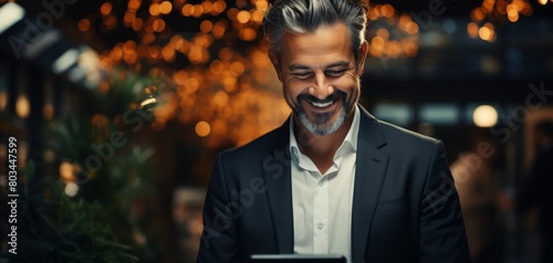 Smiling businessman using tablet in a well-lit venue