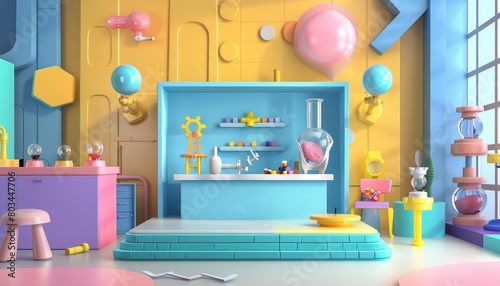 A whimsical 3D rendering of a colorful and playful laboratory