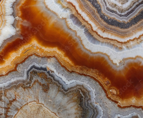 The intricate layers and patterns of an agate stone, revealing a mix of earthy tones and grays, accentuated by bands of white. The texture is smooth with concentric patterns emanating from the core.