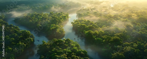 The lush green canopy of the Amazon rainforest is broken up by a winding river and its tributaries photo