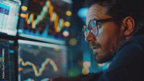 A stock trader monitoring market trends on a computer screen, analyzing candlestick graphs to make timely trading decisions.