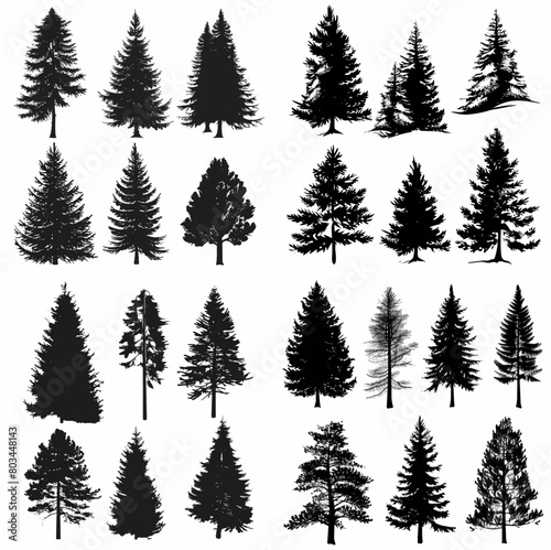 black tree silhouette set pure badge eco outline recreation breath emblem label protection graphic pine trunk woodland