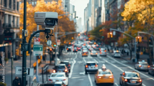 A surveillance camera mounted on a traffic light pole, assisting law enforcement in monitoring traffic flow and safety on city streets.