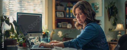 woman using laptop in home office causal, secretary,. small business owner, blue collar worker