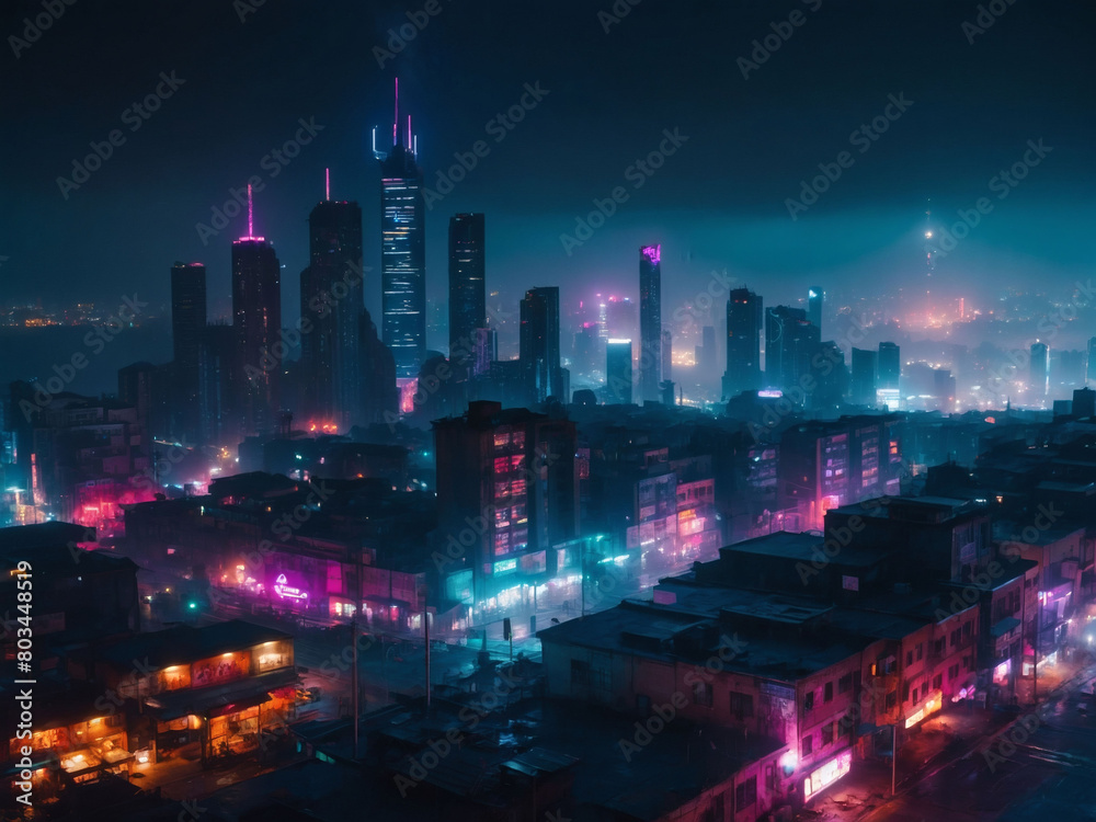 Neon-lit cyberpunk cityscape, an eerie, foggy night in a dystopian future, captured in high-resolution K for a mesmerizing wallpaper of urban decay and solitude