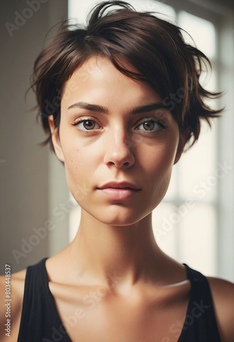primo piano volto di giovane ragazza dai capelli castani, taglio corto, makeup leggero, interno con luce naturale photo