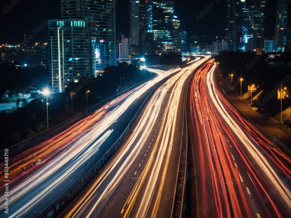 Nighttime symphony of lights, a stunning long exposure photograph showcasing the bustling activity and luminous trails of vehicles on a city highway