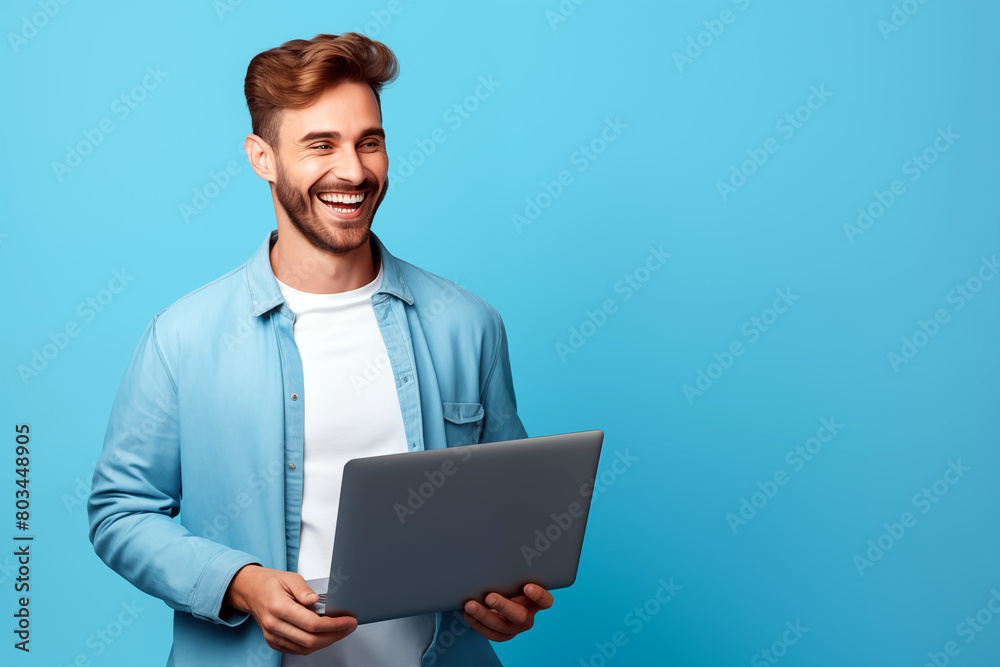 A cheerful young man holding a laptop against a bright blue background. copy space A cheerful young man holding a laptop against a bright blue background. copy space